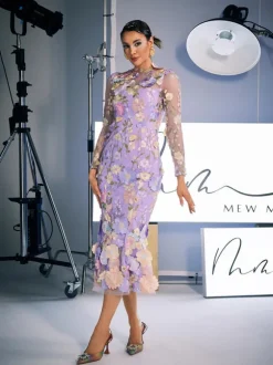 Amara Long Sleeve Embroidered Midi Dress In Purple