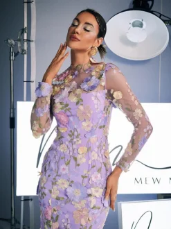 Amara Long Sleeve Embroidered Midi Dress In Purple