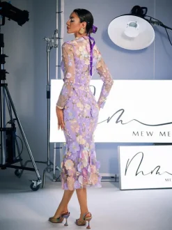 Amara Long Sleeve Embroidered Midi Dress In Purple