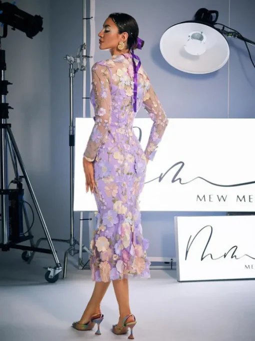 Amara Long Sleeve Embroidered Midi Dress In Purple
