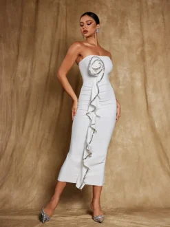 Amil Strapless Flower Rhinestone Bandage Dress