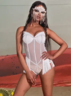 Amiri Strapless Rhinestone Fringe Bodysuit