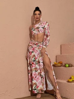 Annabella One Shoulder Floral Cutout Maxi Dress In Pink
