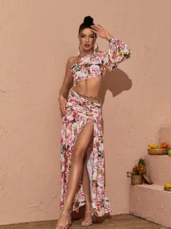 Annabella One Shoulder Floral Cutout Maxi Dress In Pink