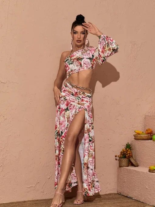 Annabella One Shoulder Floral Cutout Maxi Dress In Pink