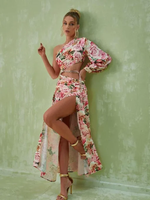 Annabella One Shoulder Floral Cutout Maxi Dress In Pink