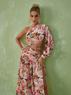 Annabella One Shoulder Floral Cutout Maxi Dress In Pink
