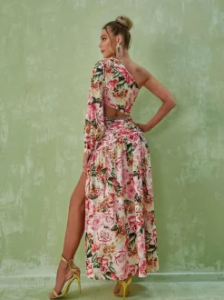 Annabella One Shoulder Floral Cutout Maxi Dress In Pink