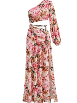 Annabella One Shoulder Floral Cutout Maxi Dress In Pink