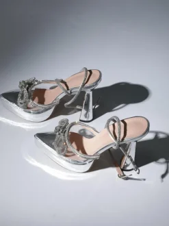Anouk Bow Crystal Heels In Silver