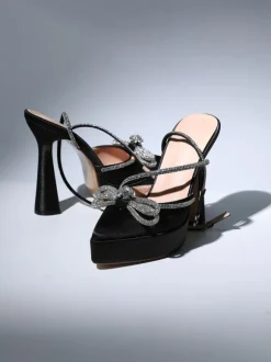 Anouk Bow Crystal Satin Heels In Black