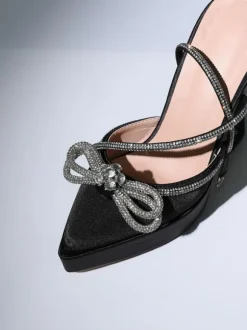 Anouk Bow Crystal Satin Heels In Black