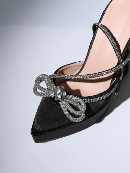 Anouk Bow Crystal Satin Heels In Black