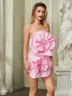 Anwen Strapless Flower Mini Dress In Pink