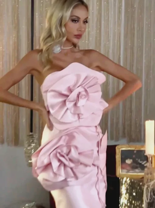Anwen Strapless Flower Midi Dress In Blush