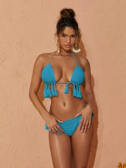 Argelia Knitted Tassel Bikini Two Piece Set In Blue