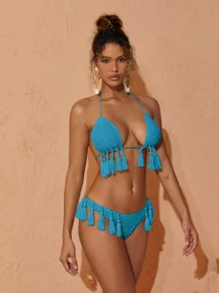 Argelia Knitted Tassel Bikini Two Piece Set In Blue