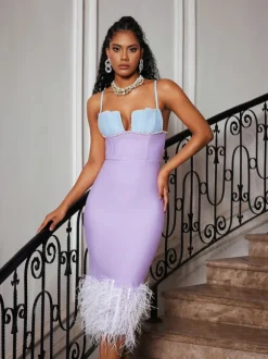 Arife Spaghetti Pearl Feather Bandage Dress