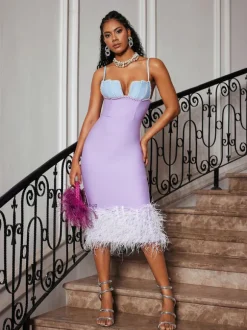 Arife Spaghetti Pearl Feather Bandage Dress