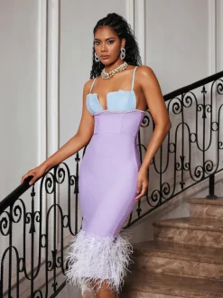 Arife Spaghetti Pearl Feather Bandage Dress