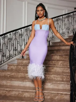 Arife Spaghetti Pearl Feather Bandage Dress