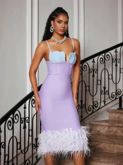 Arife Spaghetti Pearl Feather Bandage Dress