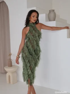 Arlo Halterneck Backless Hollow Midi Dress In Green