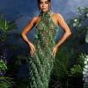 Arlo Halterneck Backless Hollow Midi Dress In Green