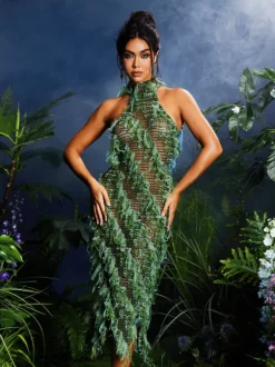 Arlo Halterneck Backless Hollow Midi Dress In Green