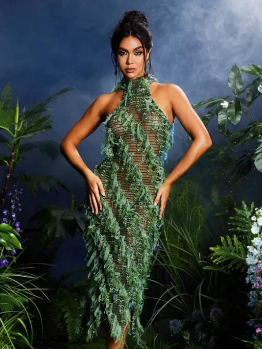 Arlo Halterneck Backless Hollow Midi Dress In Green