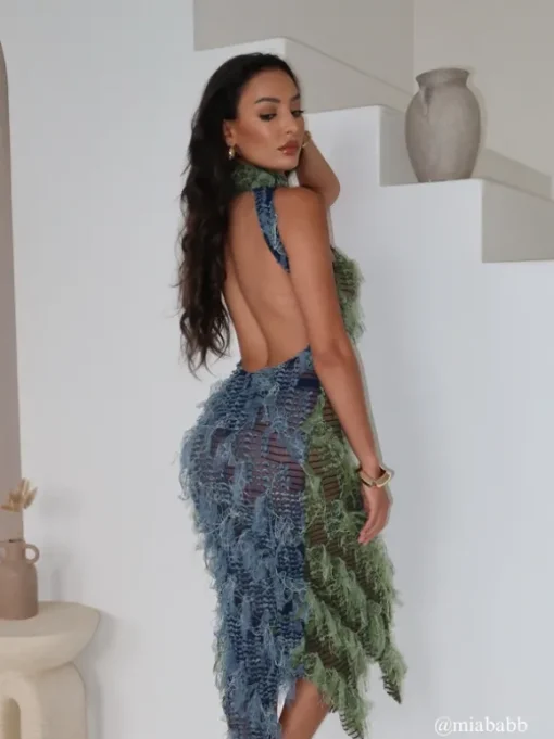 Arlo Halterneck Backless Hollow Midi Dress In Green