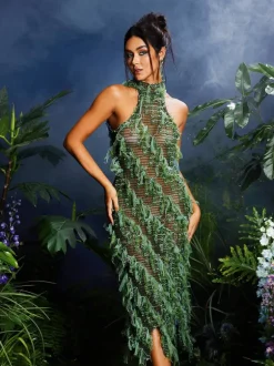 Arlo Halterneck Backless Hollow Midi Dress In Green