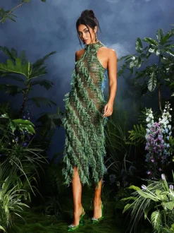 Arlo Halterneck Backless Hollow Midi Dress In Green