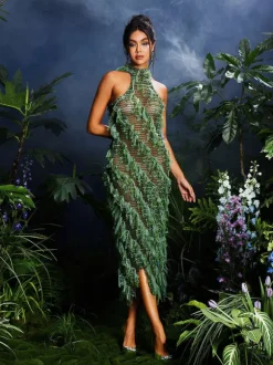 Arlo Halterneck Backless Hollow Midi Dress In Green