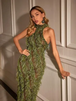 Arlo Halterneck Backless Hollow Midi Dress In Green