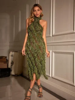 Arlo Halterneck Backless Hollow Midi Dress In Green