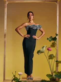Arnau One Shoulder Flower Bandage Maxi Dress In Silver
