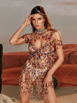 Arthur Rhinestone Beaded Mini Dress