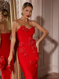 Arushi Strapless Flower Bandage Dress In Red