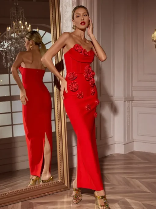 Arushi Strapless Flower Bandage Dress In Red