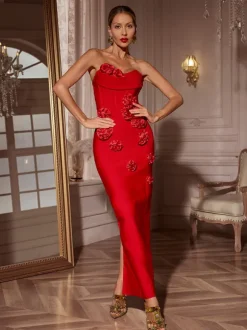 Arushi Strapless Flower Bandage Dress In Red