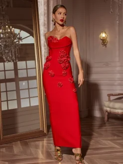 Arushi Strapless Flower Bandage Dress In Red