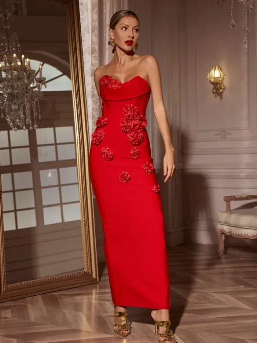 Arushi Strapless Flower Bandage Dress In Red
