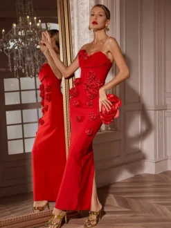 Arushi Strapless Flower Bandage Dress In Red