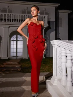 Arushi Strapless Flower Bandage Dress In Red