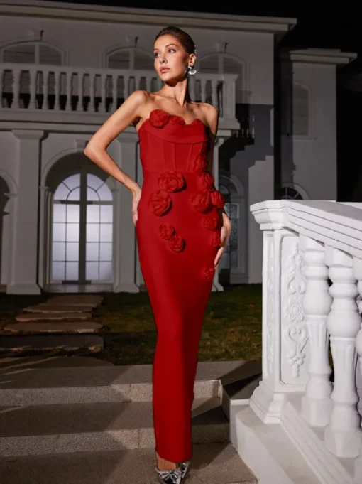 Arushi Strapless Flower Bandage Dress In Red