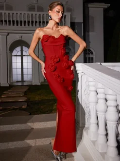 Arushi Strapless Flower Bandage Dress In Red