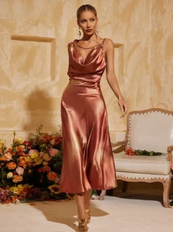 Aryndriel Sleeveless Cowl Neck Satin Midi Dress