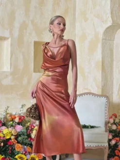 Aryndriel Sleeveless Cowl Neck Satin Midi Dress