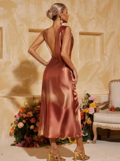 Aryndriel Sleeveless Cowl Neck Satin Midi Dress